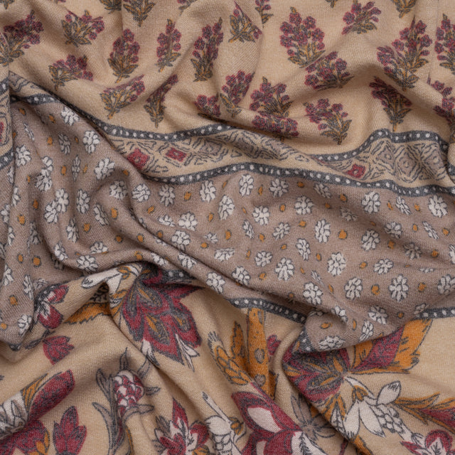 Tan, Red and Orange Rustic Floral Stripes Stretch Polyester and Rayon French Terry