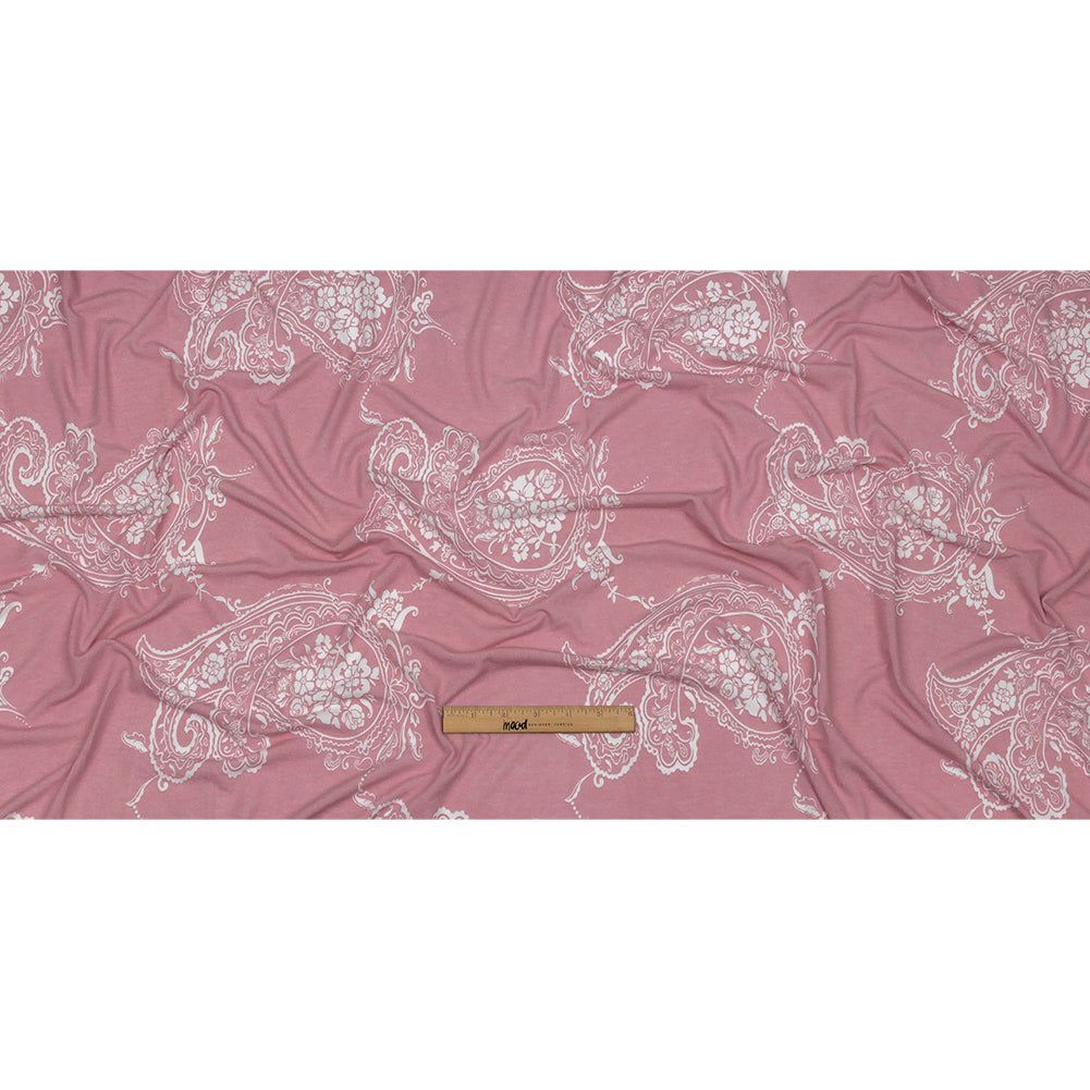 Pink and White Fancy Paisley Polyester and Rayon Jersey Drape