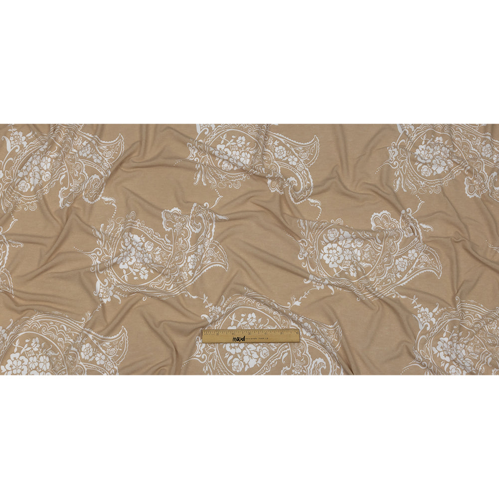 Beige and White Fancy Paisley Polyester and Rayon Jersey Drape