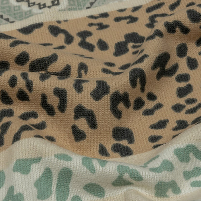 Tan, Mint and White Animal Spots and Geometric Stripes Polyester Sweater Knit Detail