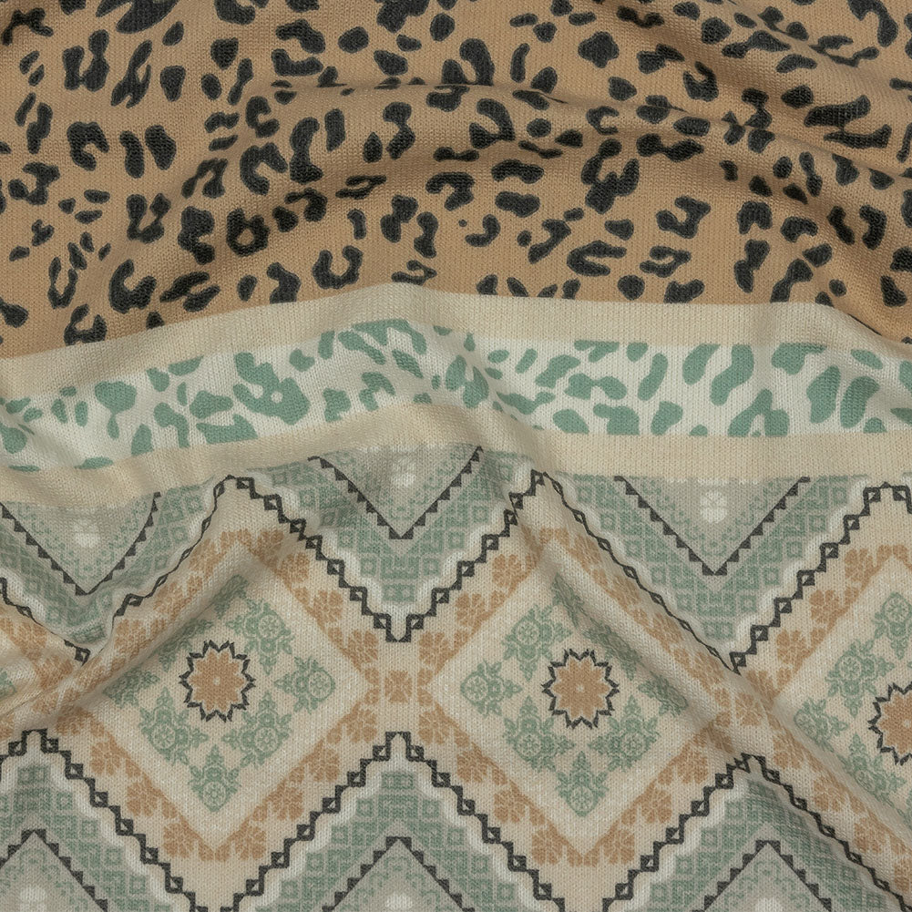 Tan, Mint and White Animal Spots and Geometric Stripes Polyester Sweater Knit