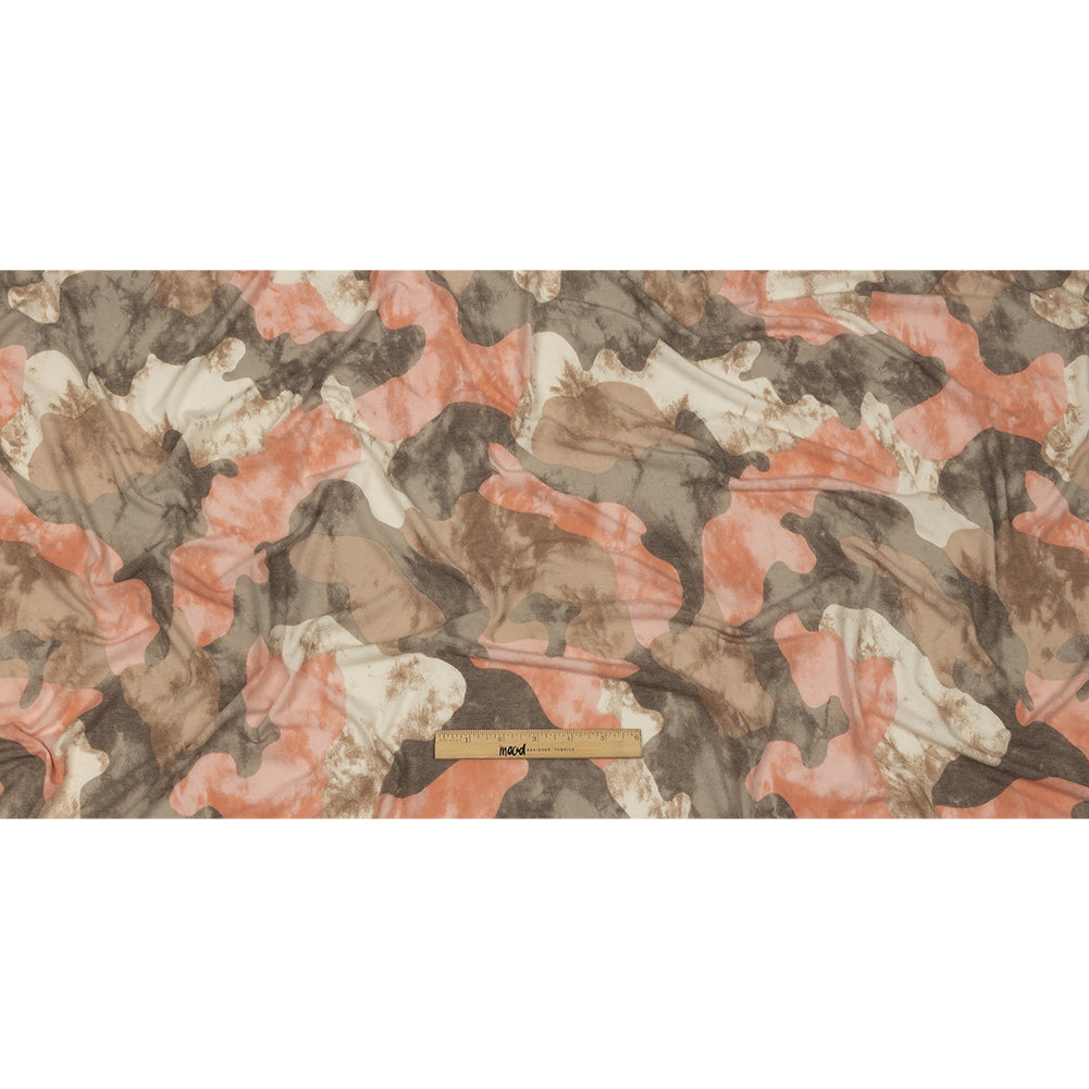 Coral, Beige and Brown Mottled Camouflage Rayon and Polyester Jersey Drape