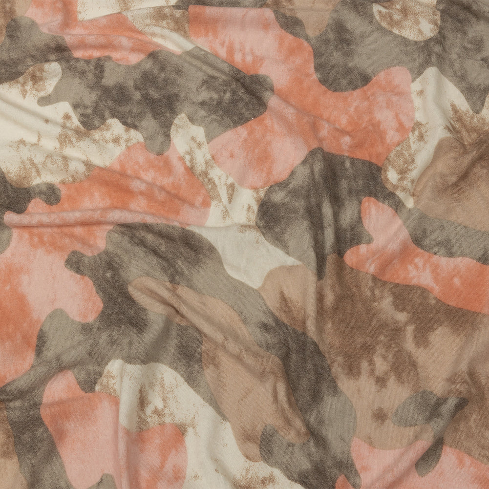 Coral, Beige and Brown Mottled Camouflage Rayon and Polyester Jersey