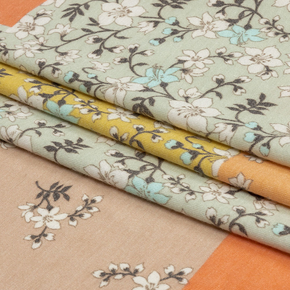 Beige, Orange and Yellow Floral Patchwork Rayon and Polyester Jersey Folded