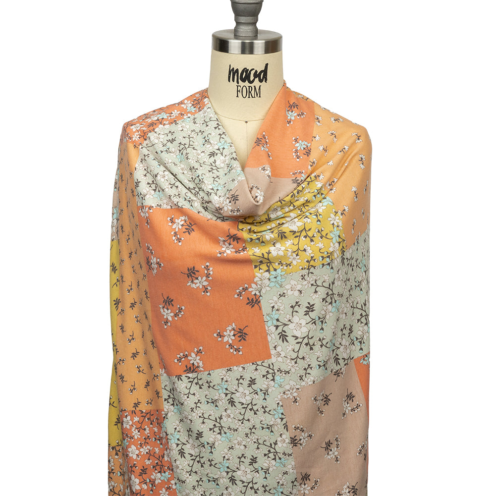 Beige, Orange and Yellow Floral Patchwork Rayon and Polyester Jersey Drape