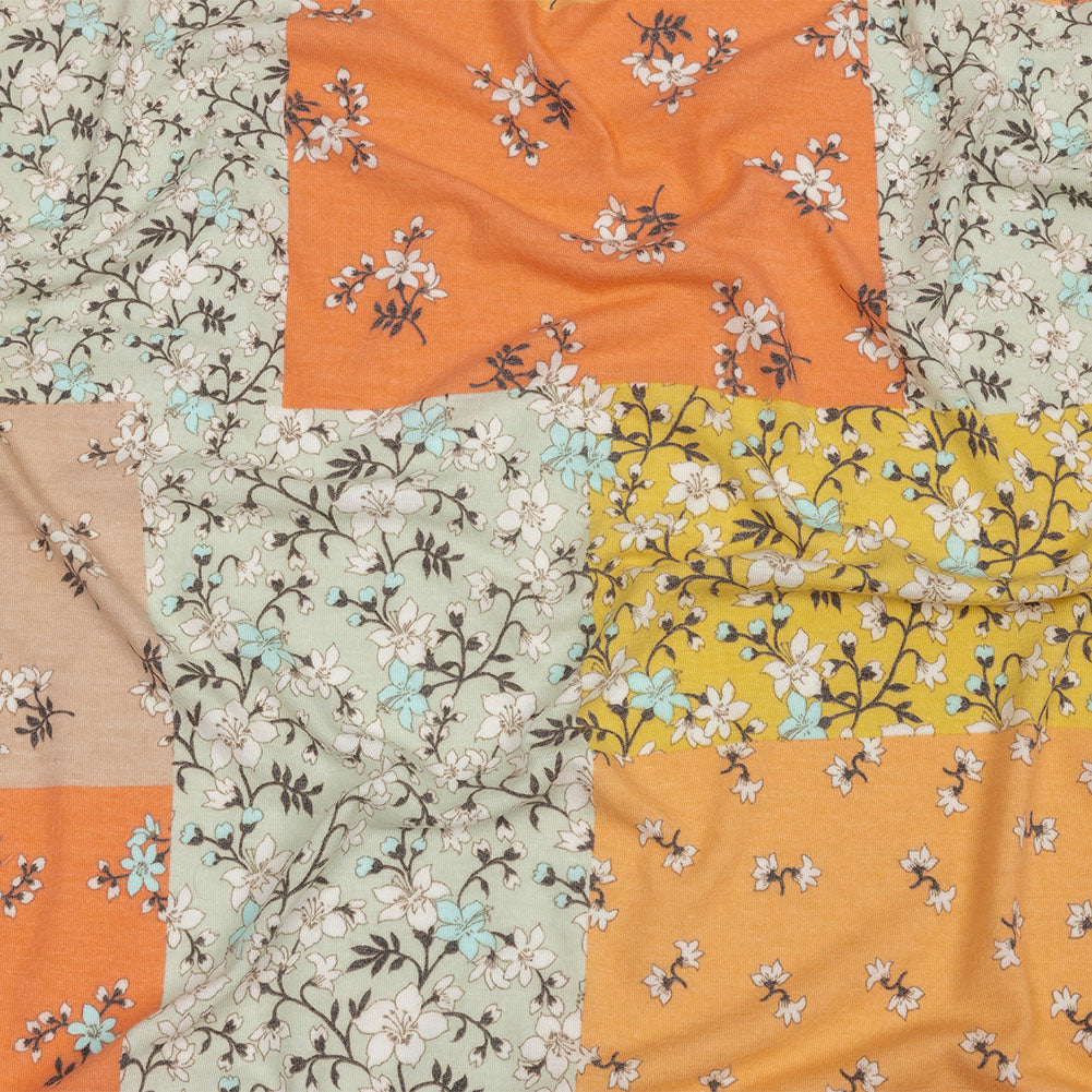 Beige, Orange and Yellow Floral Patchwork Rayon and Polyester Jersey