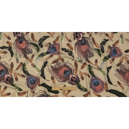Beige, Red and Green Flying Feathers Polyester Woven