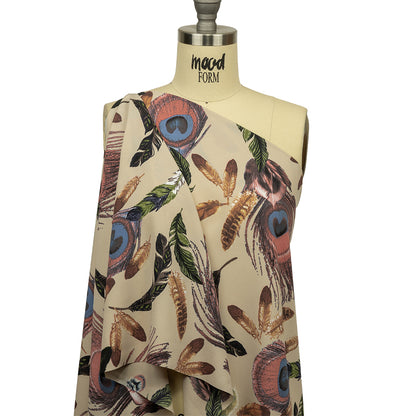 Beige, Red and Green Flying Feathers Polyester Woven