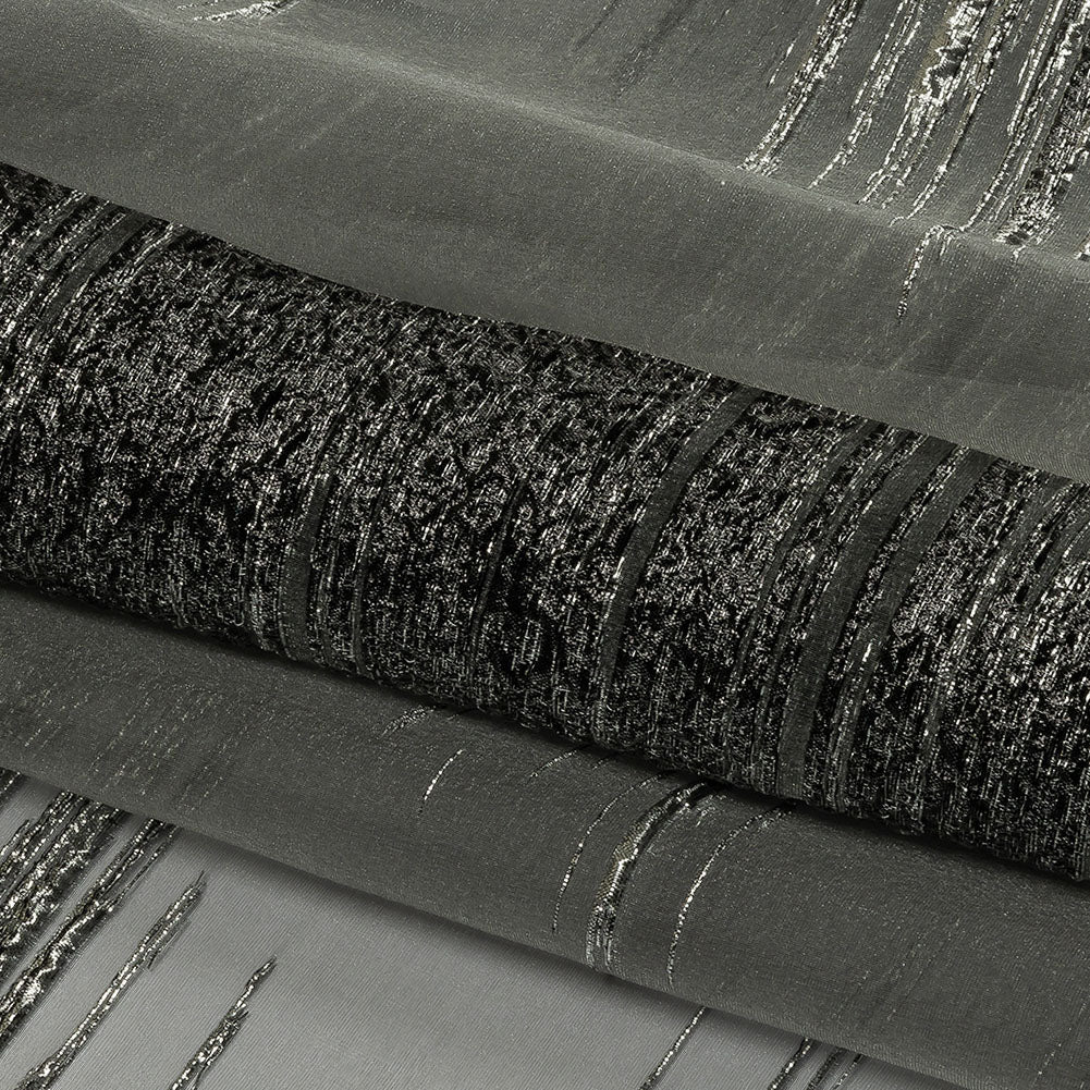 Metallic Silver and Black Sleek Streaks Luxury Burnout Brocade - Folded