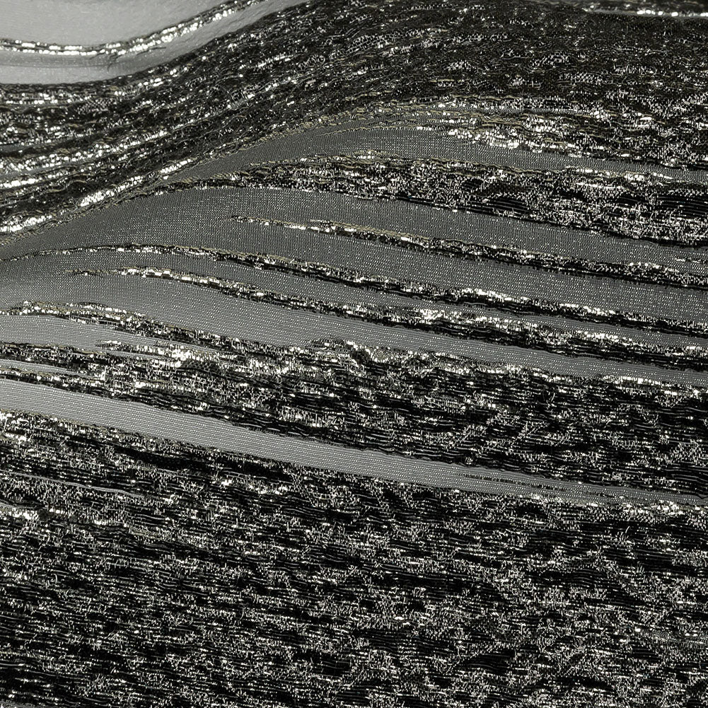 Metallic Silver and Black Sleek Streaks Luxury Burnout Brocade - Detail