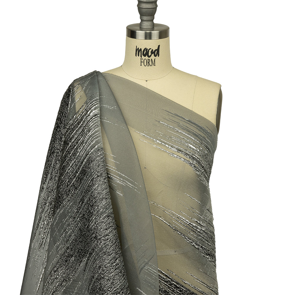 Metallic Silver and Black Sleek Streaks Luxury Burnout Brocade - Drape