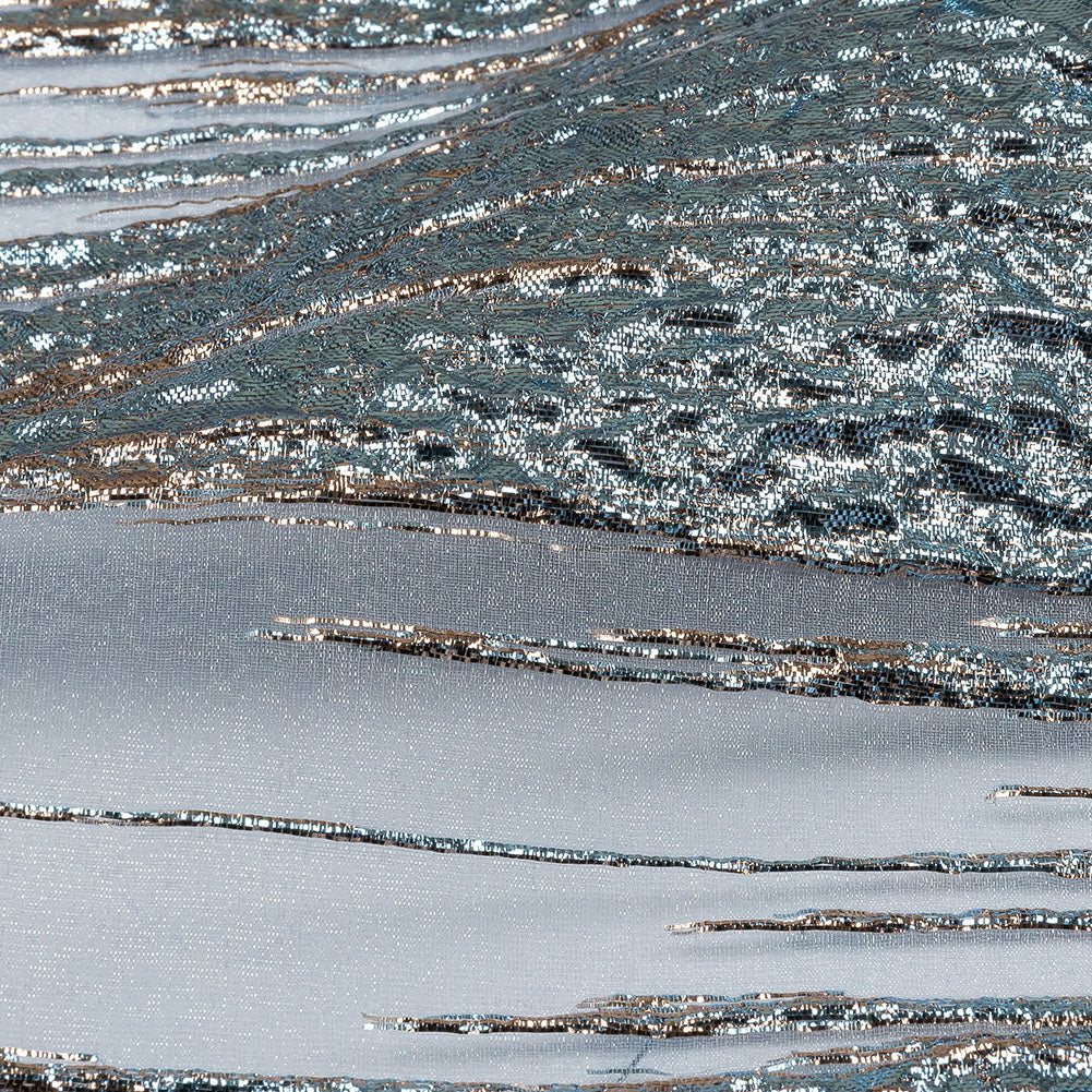 Metallic Rose Gold and Sky Blue Sleek Streaks Luxury Burnout Brocade - Detail