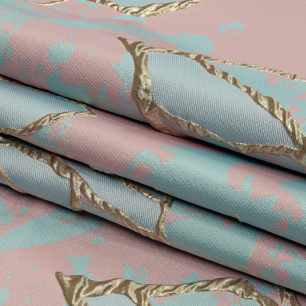 Metallic Gold, Pink and Sky Blue Mottled Floral Outlines Luxury Brocade