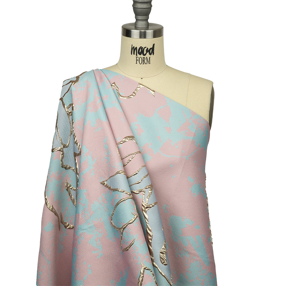 Metallic Gold, Pink and Sky Blue Mottled Floral Outlines Luxury Brocade