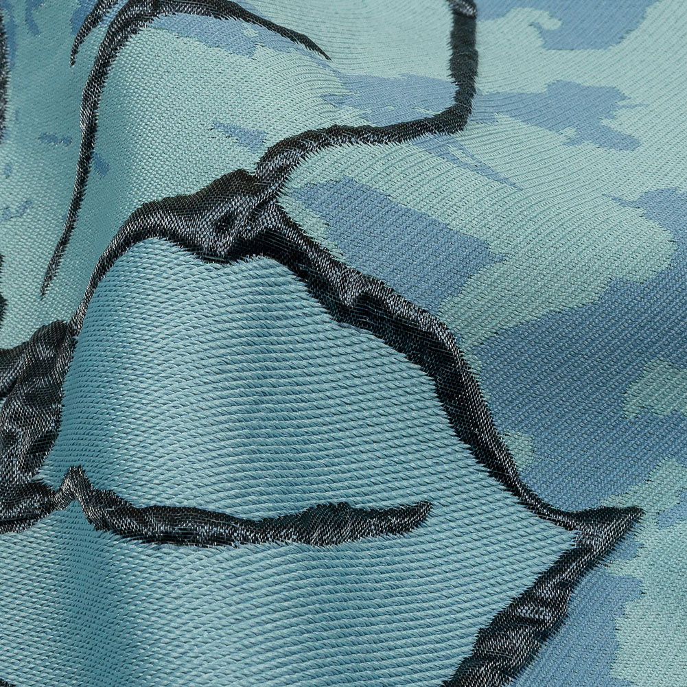 Metallic Gunmetal and Blue Mottled Floral Outlines Luxury Brocade - Detail