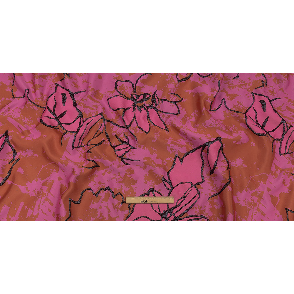 Metallic Black, Pink and Orange Mottled Floral Outlines Luxury Brocade