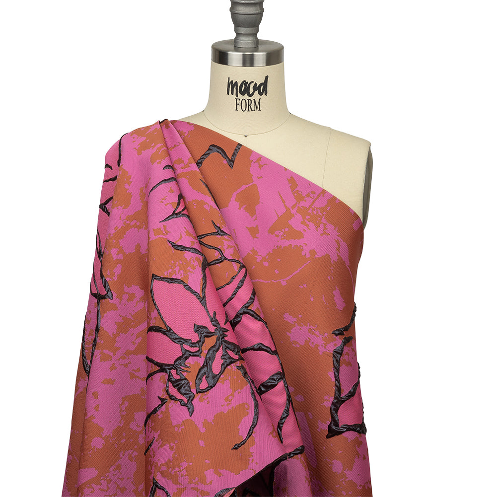 Metallic Black, Pink and Orange Mottled Floral Outlines Luxury Brocade