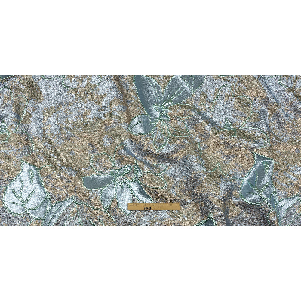 Metallic Seafoam, Sky Blue and Gold Mottled Floral Luxury Brocade - Full
