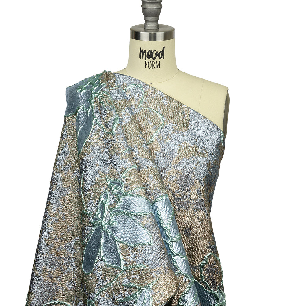Metallic Seafoam, Sky Blue and Gold Mottled Floral Luxury Brocade - Drape