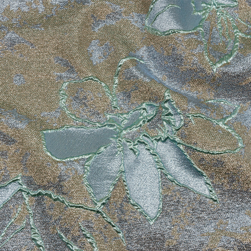 Metallic Seafoam, Sky Blue and Gold Mottled Floral Luxury Brocade