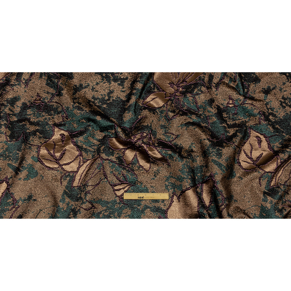 Metallic Forest, Bronze and Burgundy Mottled Floral Luxury Brocade
