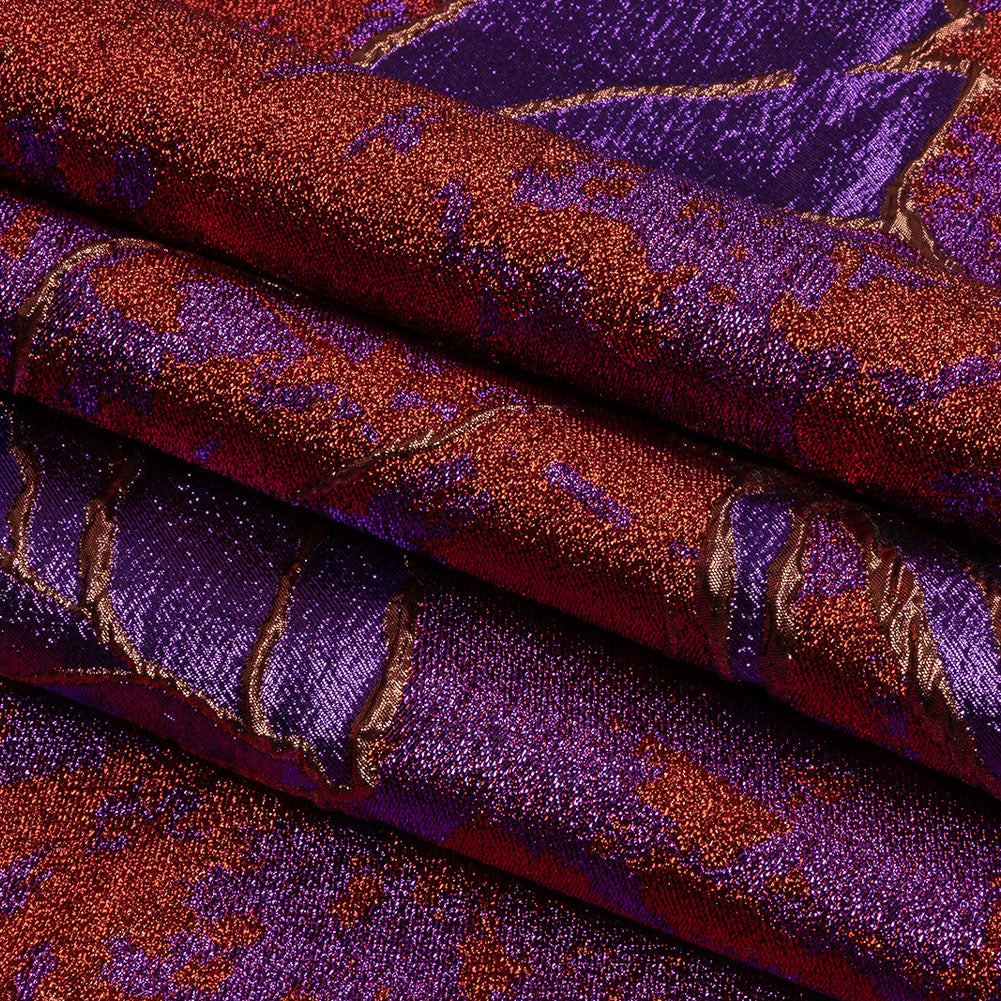 Metallic Red, Purple and Orange Mottled Floral Luxury Brocade - Folded