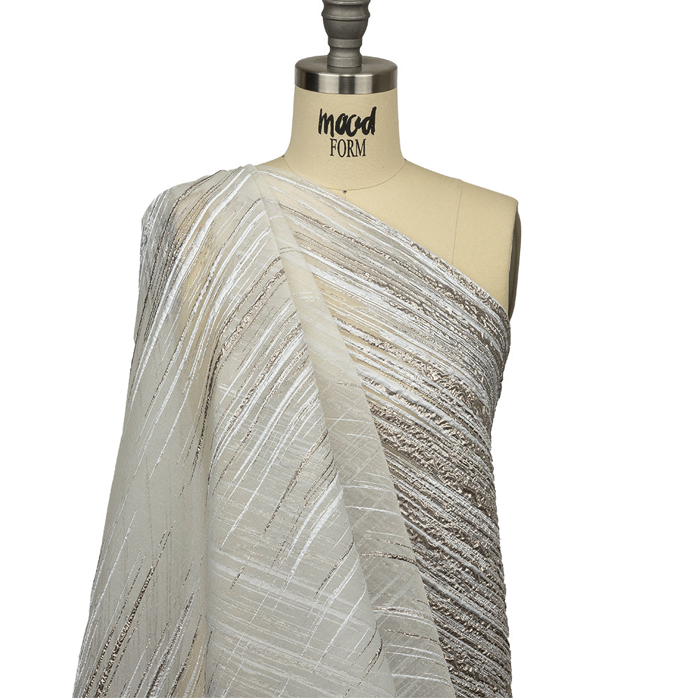 Metallic Silver and White Striated Lines Luxury Burnout Brocade - Drape