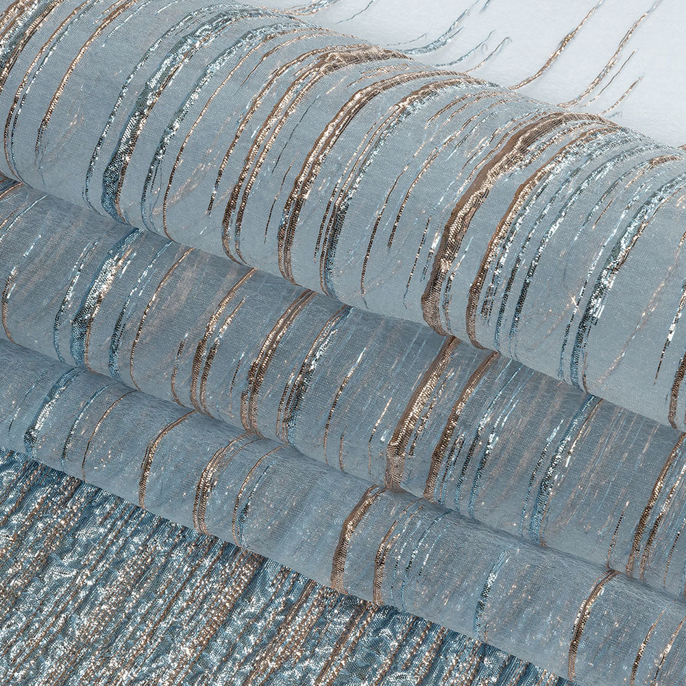 Metallic Rose Gold and Sky Blue Striated Lines Luxury Burnout Brocade - Folded
