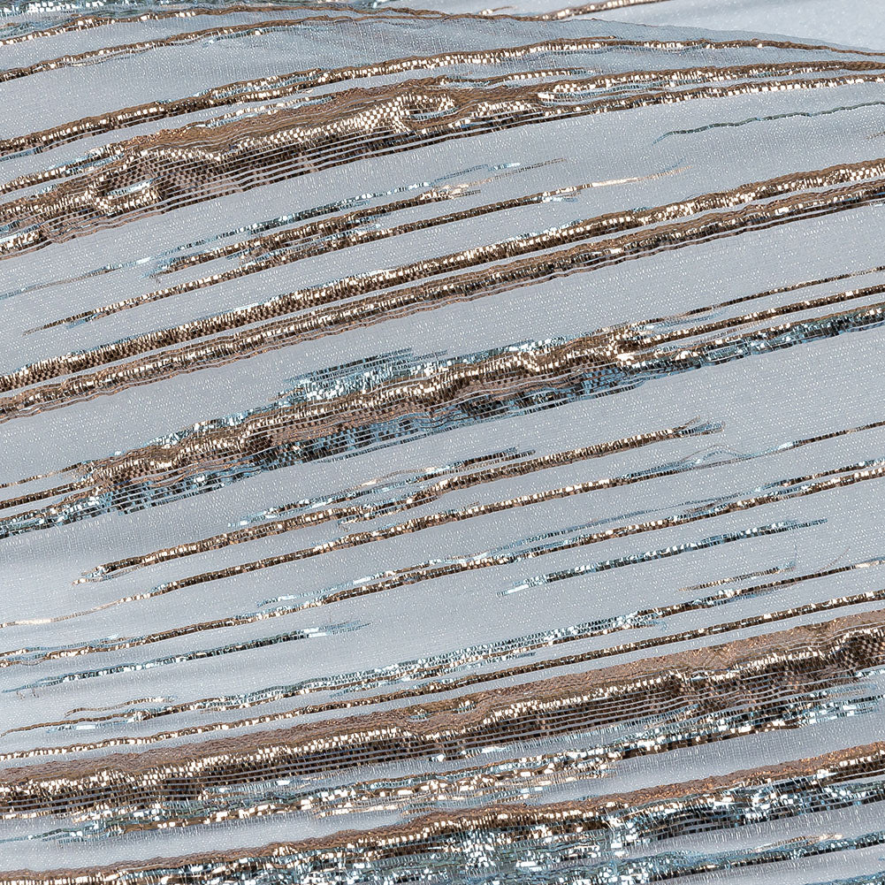 Metallic Rose Gold and Sky Blue Striated Lines Luxury Burnout Brocade - Detail