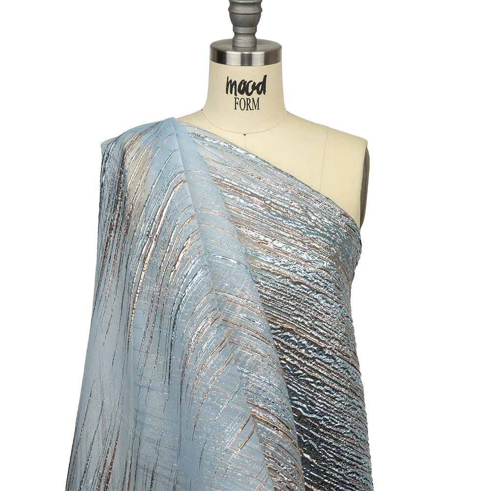 Metallic Rose Gold and Sky Blue Striated Lines Luxury Burnout Brocade - Drape