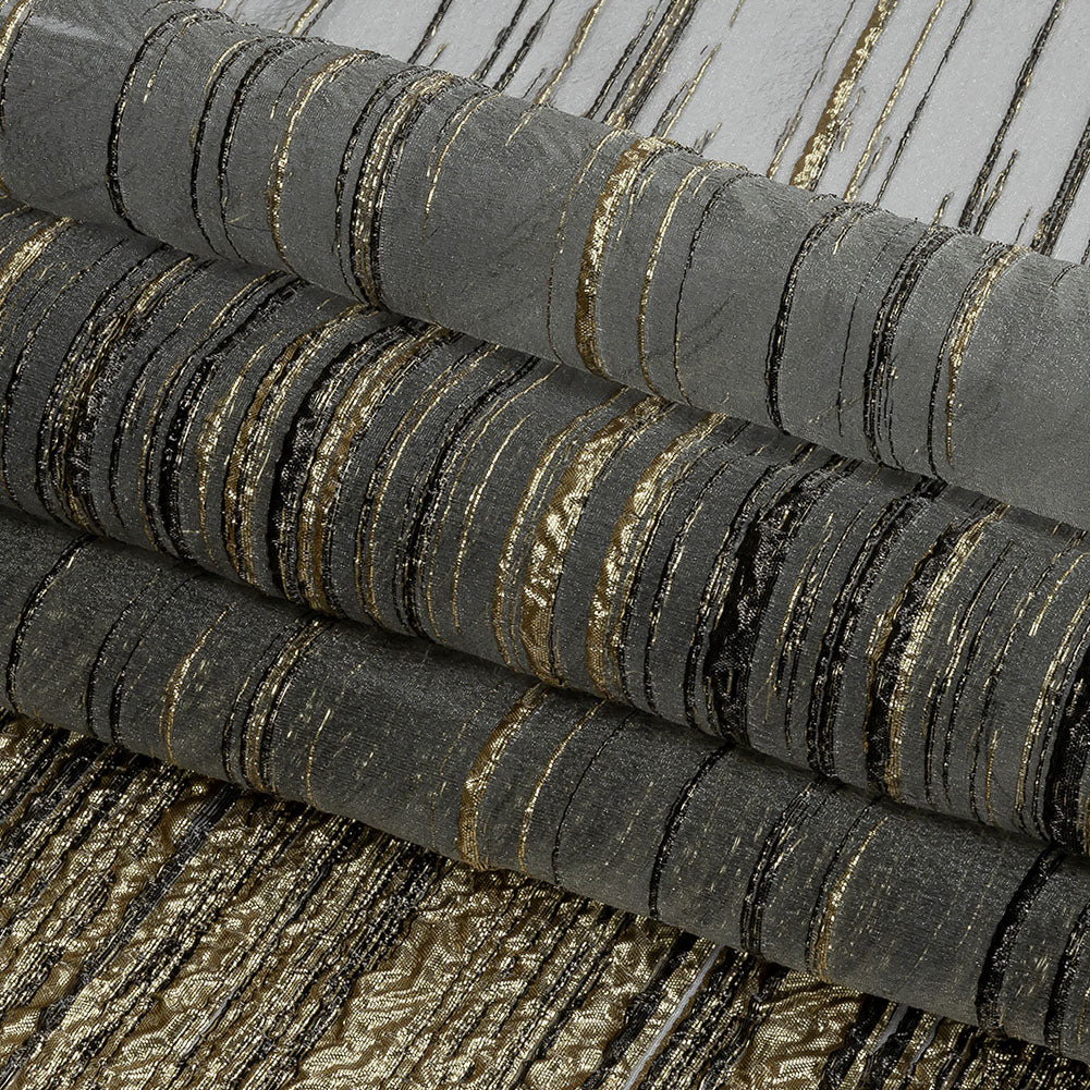 Metallic Black and Gold Striated Lines Luxury Burnout Brocade - Folded