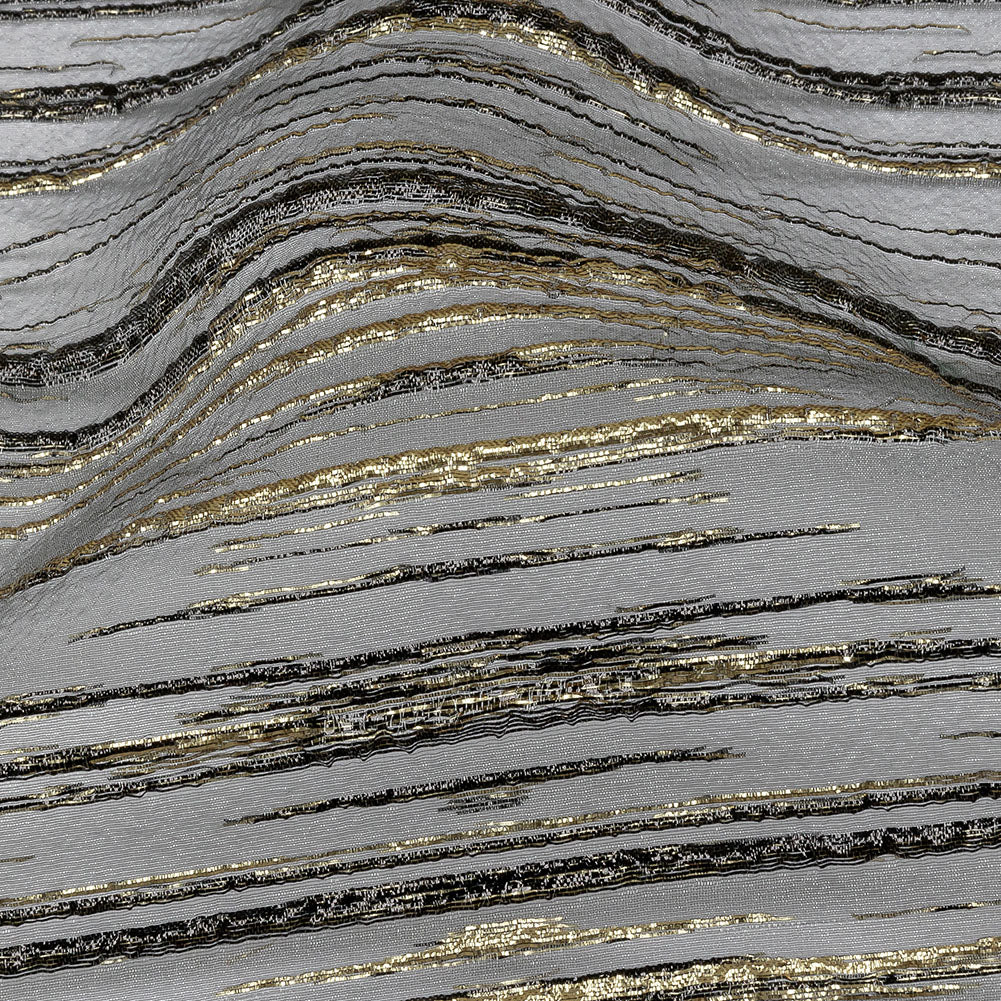 Metallic Black and Gold Striated Lines Luxury Burnout Brocade - Detail