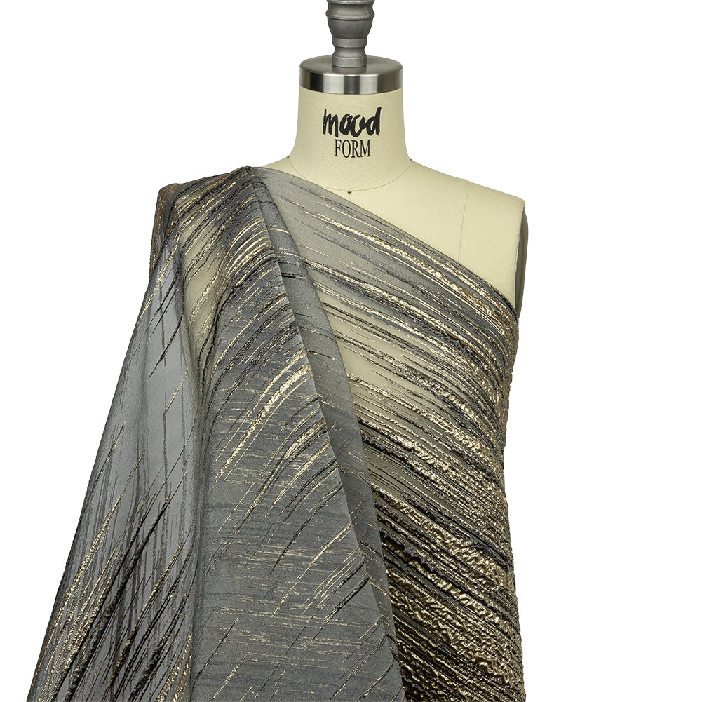 Metallic Black and Gold Striated Lines Luxury Burnout Brocade - Drape