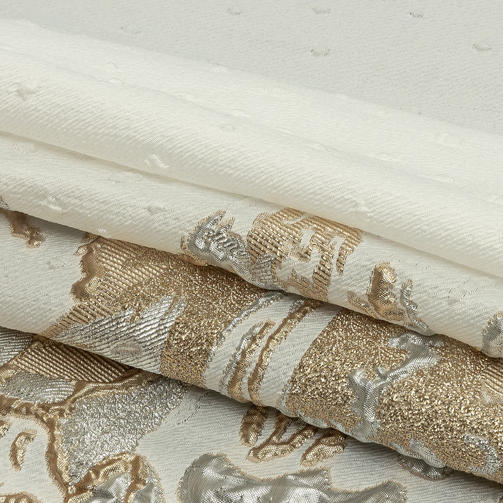 Metallic White and Habanero Gold Spotted and Splattered Luxury Brocade - Folded