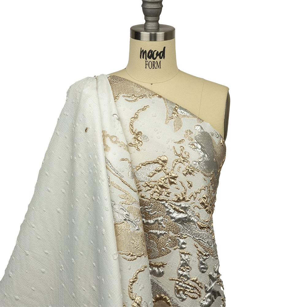 Metallic White and Habanero Gold Spotted and Splattered Luxury Brocade - Drape