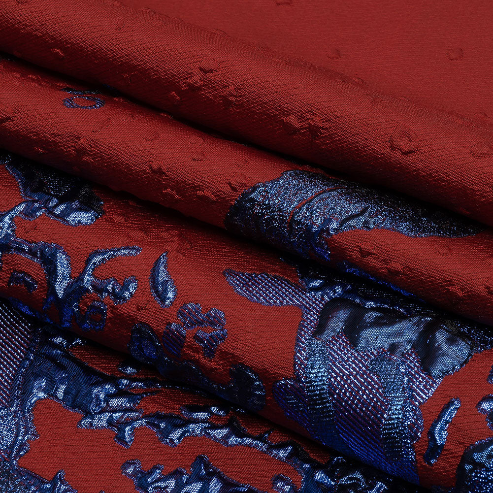 Metallic Diode Blue and Dark Red Spotted and Splattered Luxury Brocade - Folded