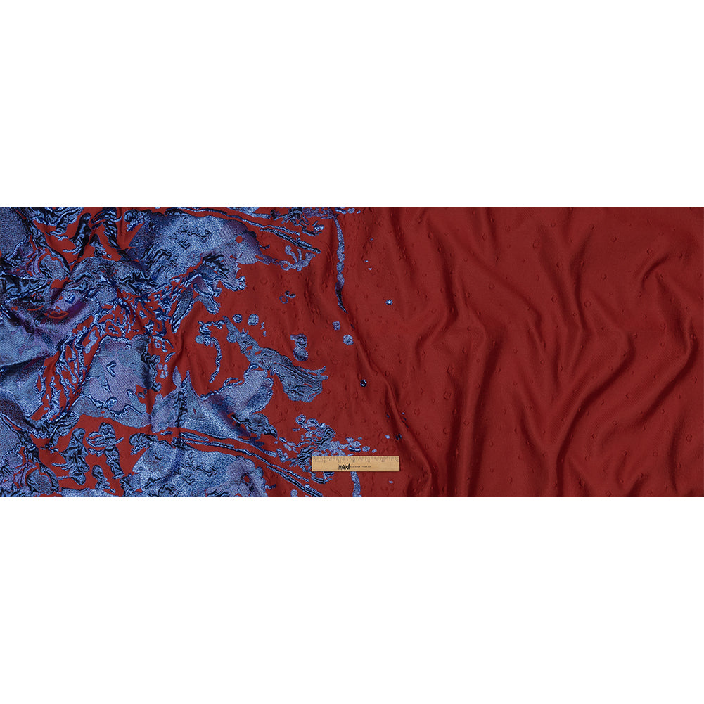 Metallic Diode Blue and Dark Red Spotted and Splattered Luxury Brocade - Full