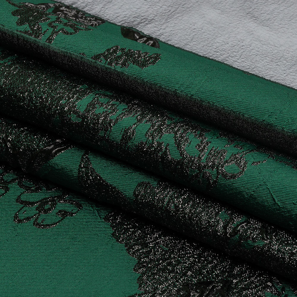 Metallic Black and Dark Green Floral Luxury Brocade with Sheer Stripes - Folded