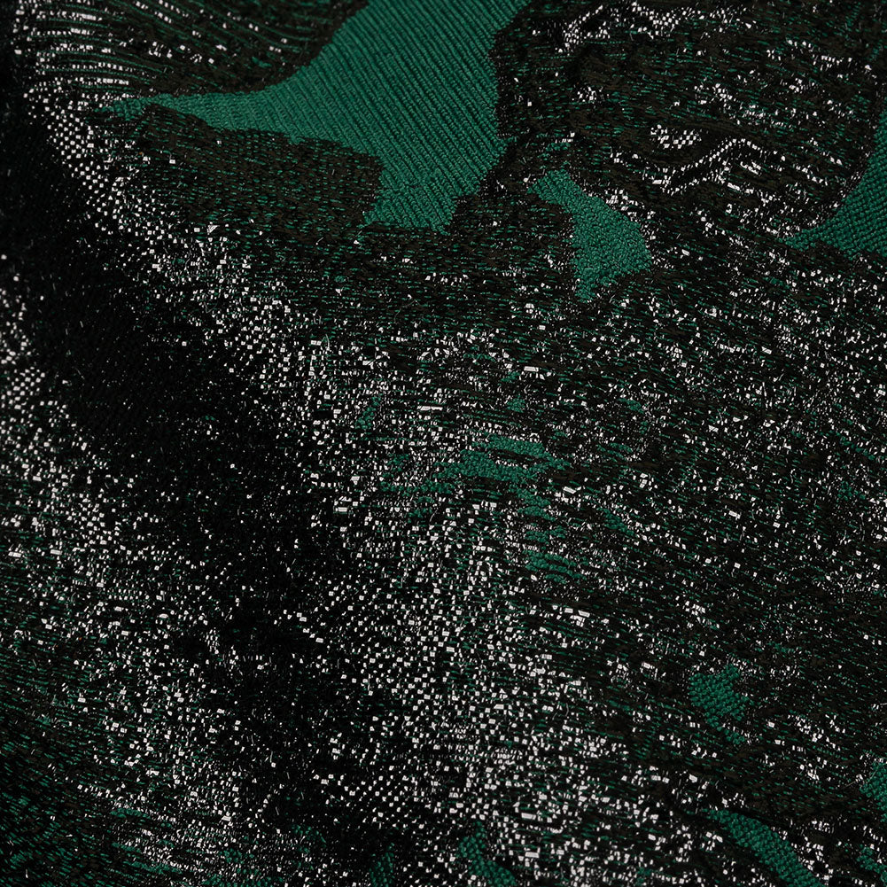 Metallic Black and Dark Green Floral Luxury Brocade with Sheer Stripes - Detail