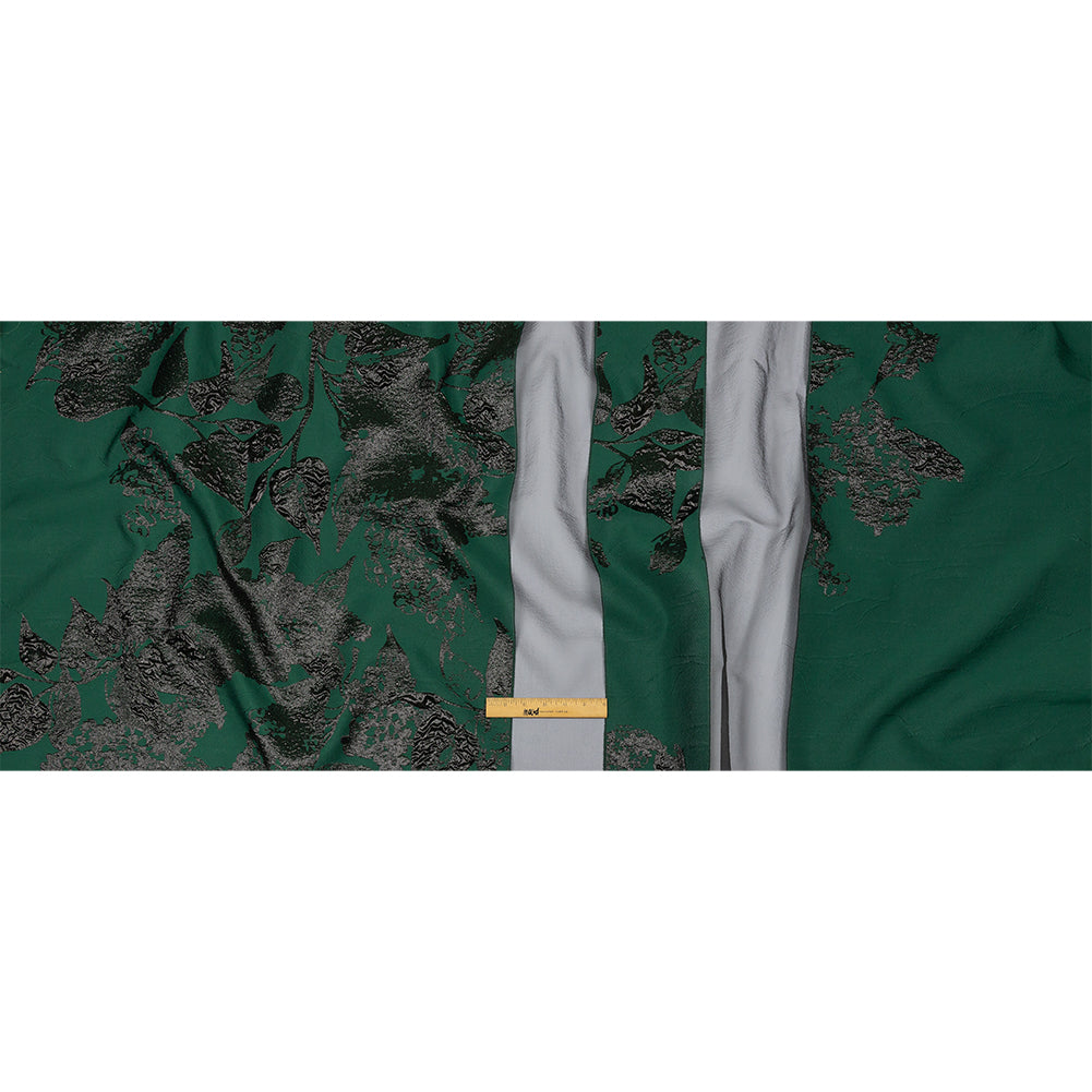 Metallic Black and Dark Green Floral Luxury Brocade with Sheer Stripes - Full