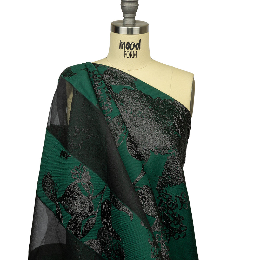 Metallic Black and Dark Green Floral Luxury Brocade with Sheer Stripes - Drape