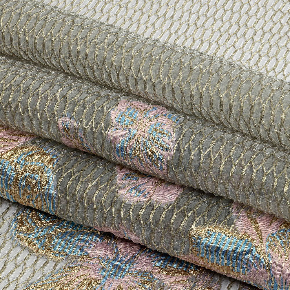 Metallic Bright Gold, Pink-a-boo and Bonnie Blue Florals and Latticework Sheer Luxury Brocade