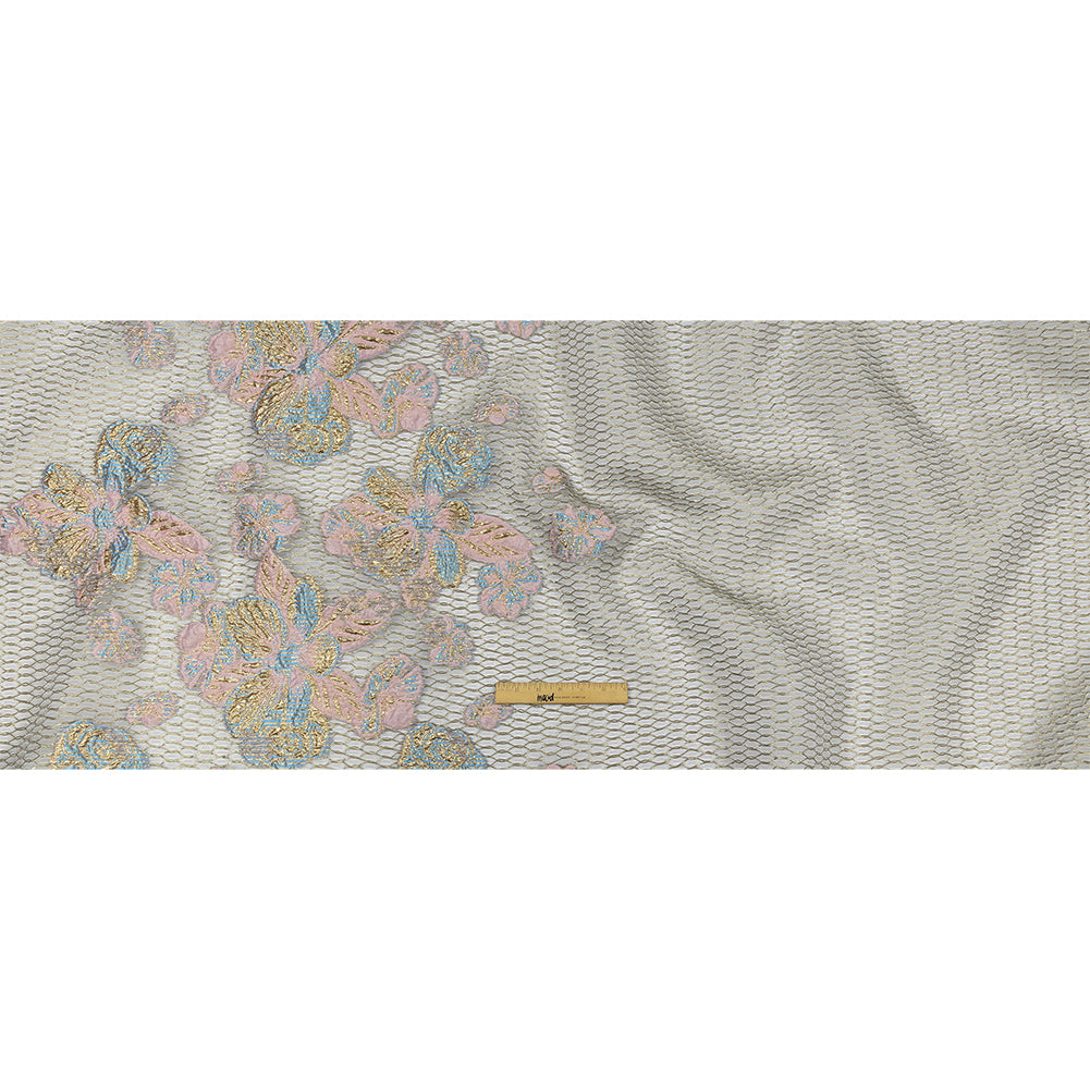 Metallic Bright Gold, Pink-a-boo and Bonnie Blue Florals and Latticework Sheer Luxury Brocade