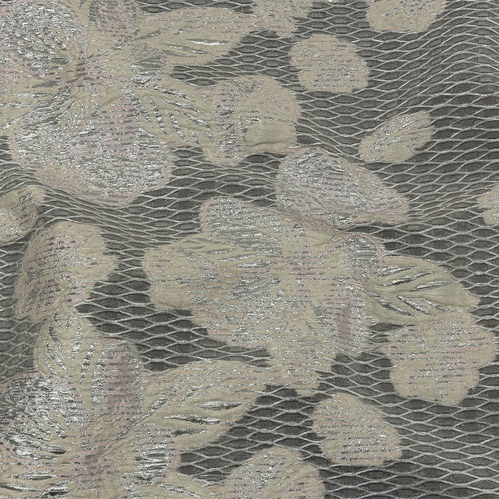 Metallic Silver, Petal Pink and Pearled Ivory Florals and Latticework Sheer Luxury Brocade