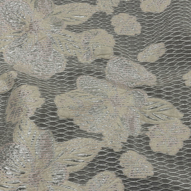 Metallic Silver, Petal Pink and Pearled Ivory Florals and Latticework Sheer Luxury Brocade