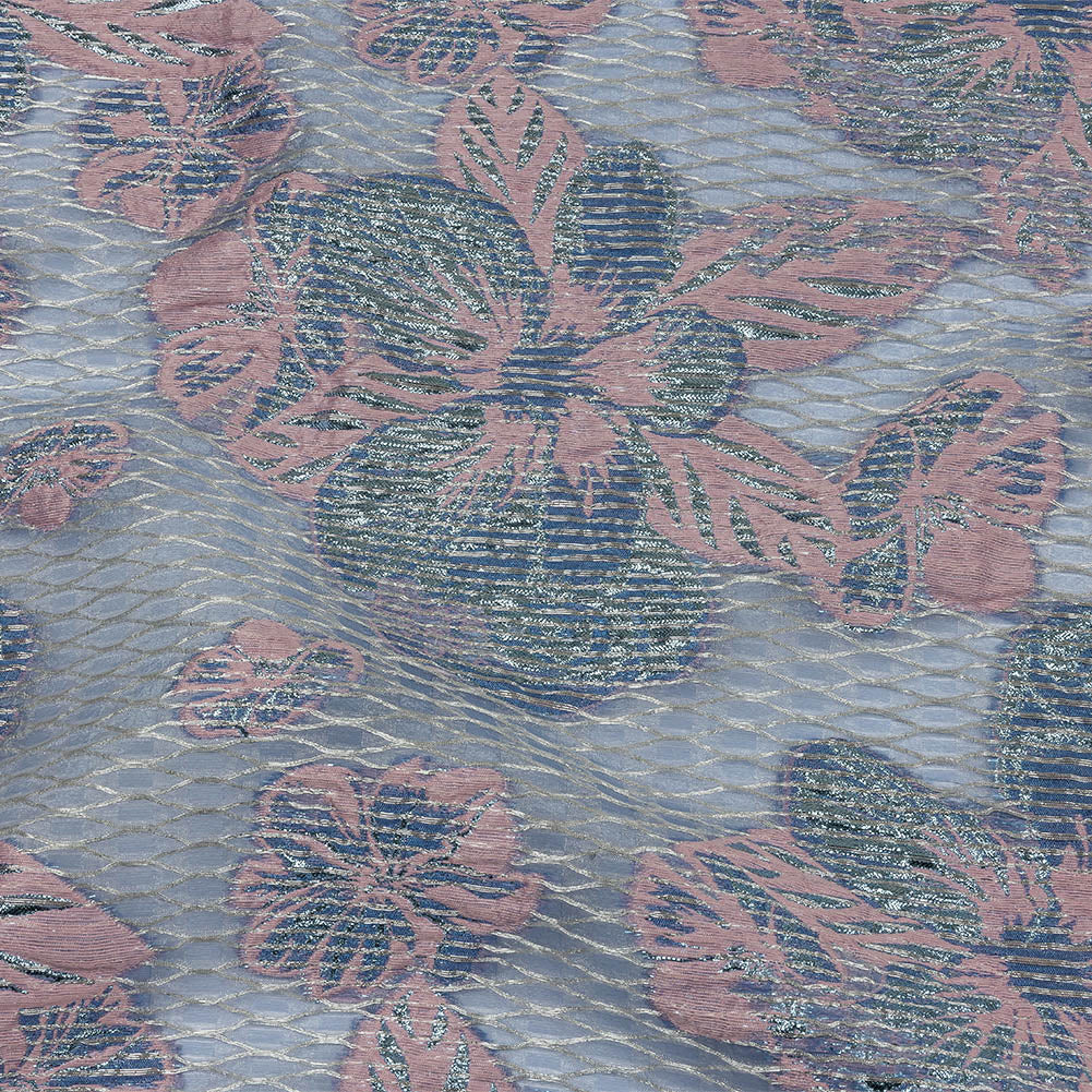 Metallic Silver, Candy Pink and Purple Rose Florals and Latticework Sheer Luxury Brocade