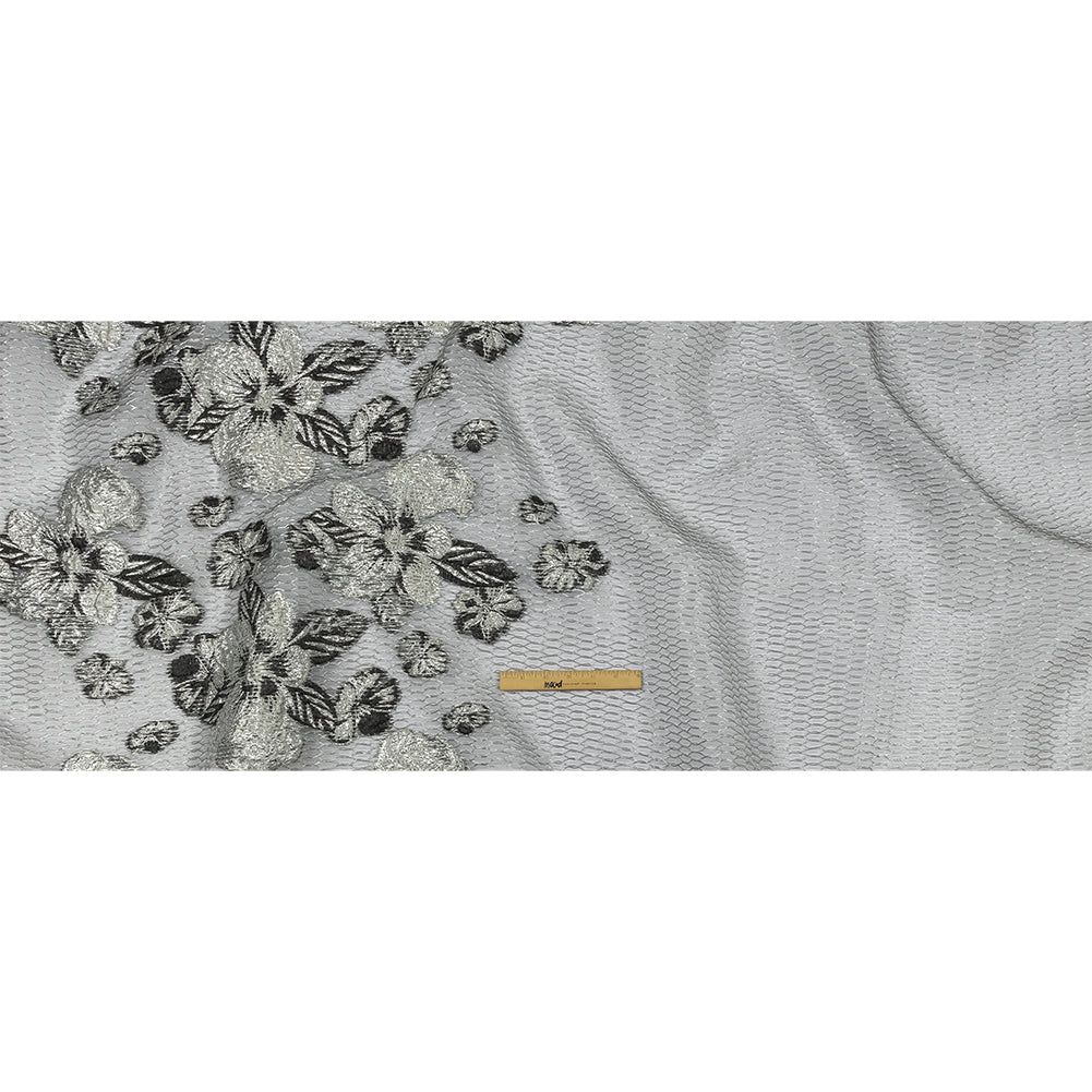 Metallic SIlver and Black Florals and Latticework Sheer Luxury Brocade