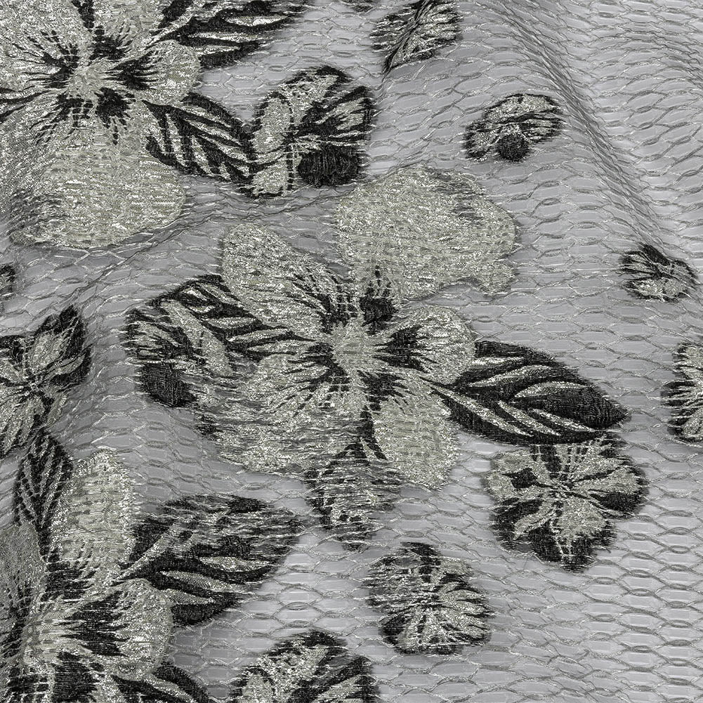 Metallic SIlver and Black Florals and Latticework Sheer Luxury Brocade
