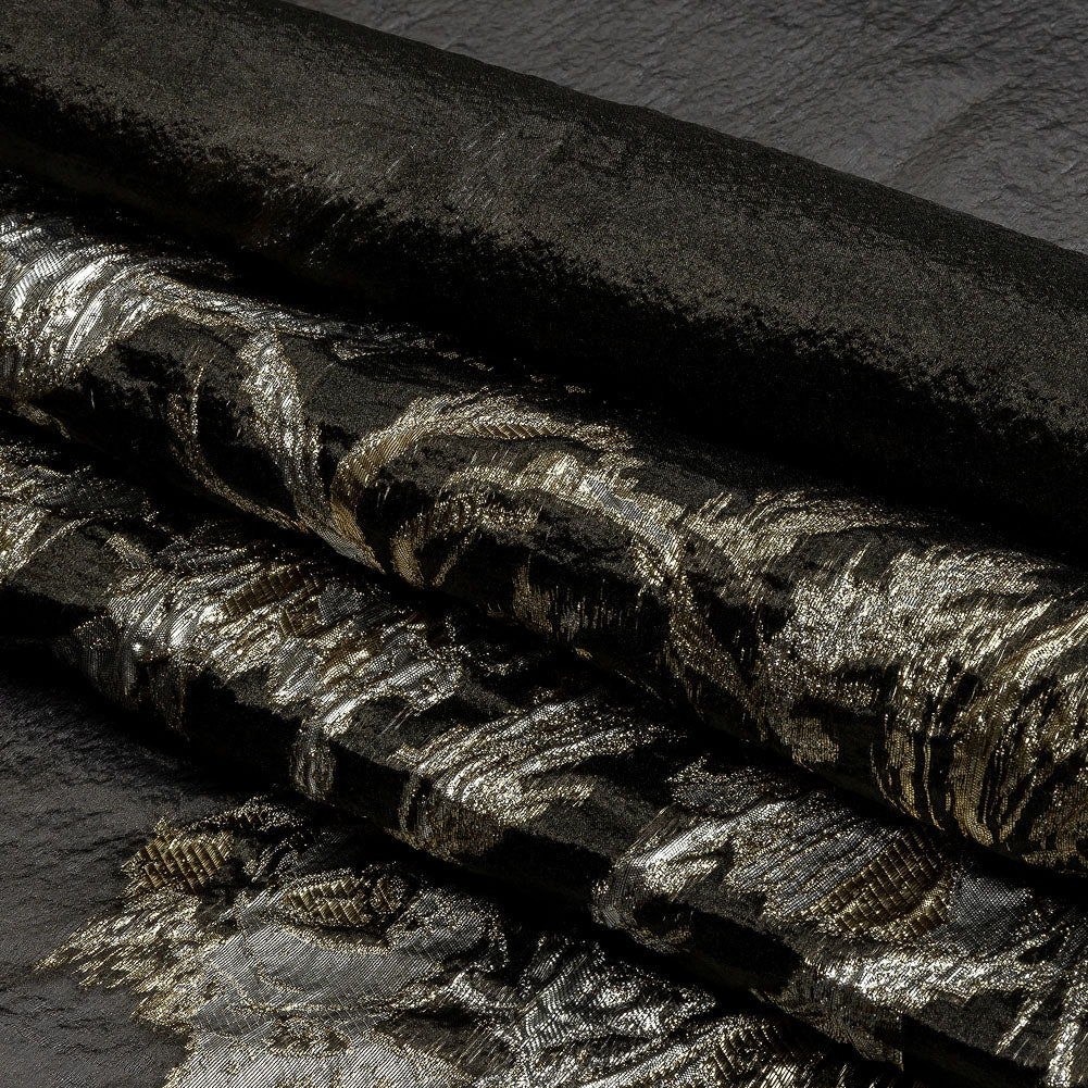 Metallic Ice Flow, Gold and Gunpowder Flashy Flowers Luxury Burnout Brocade - Folded
