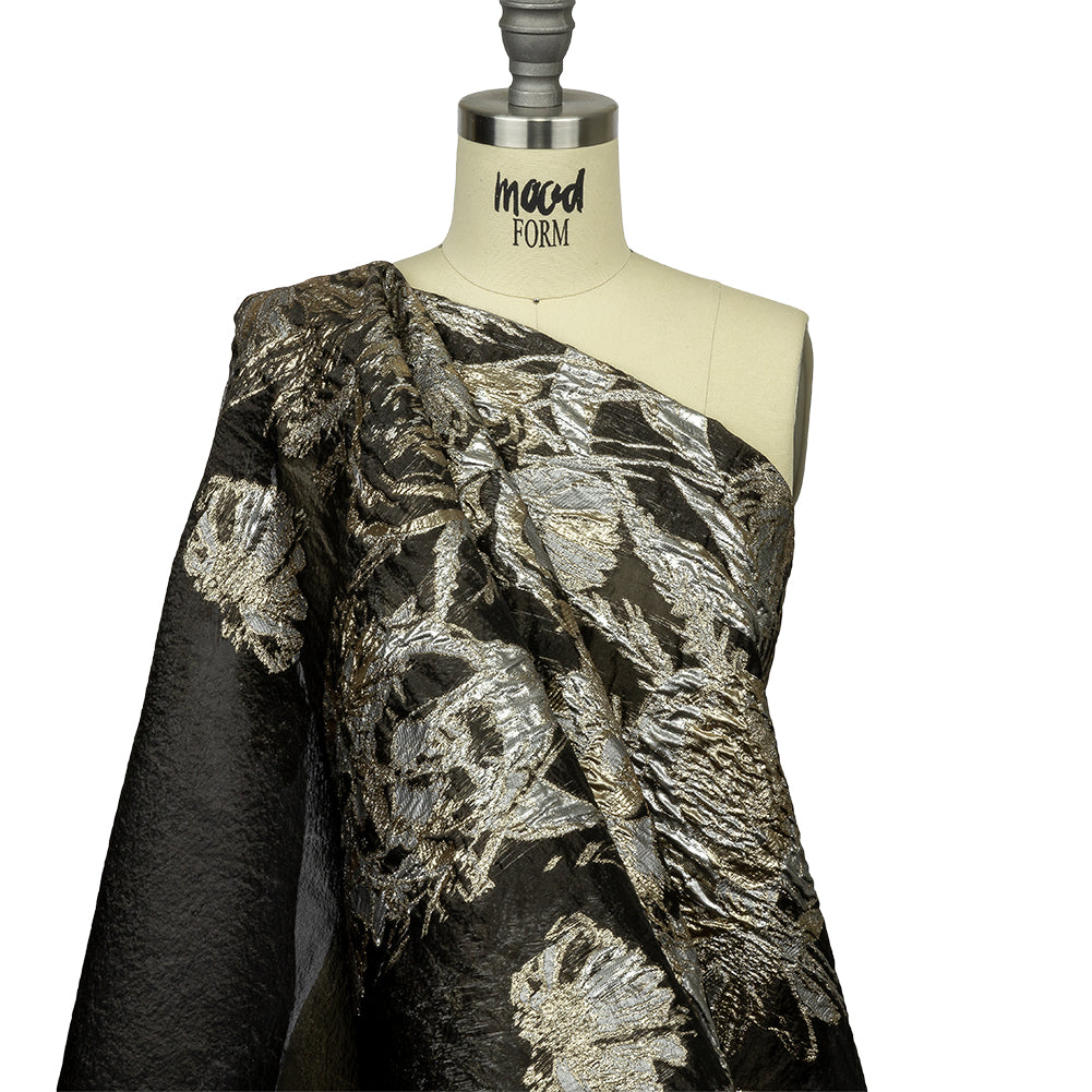Metallic Ice Flow, Gold and Gunpowder Flashy Flowers Luxury Burnout Brocade - Drape